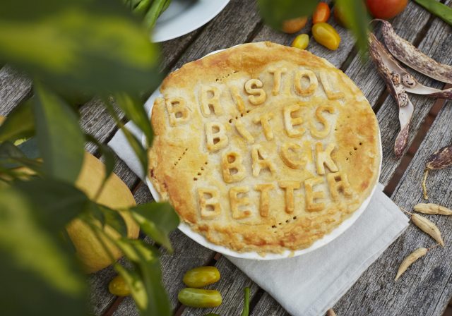 Pie with 'Bristol Bites Back Better' text cut out with pastry