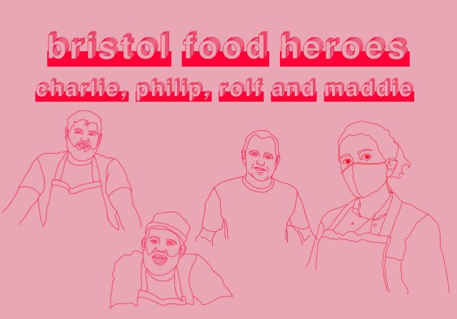 Illustration of Bristol food heroes, Charlie, Philip, Rolf and Maddie.
